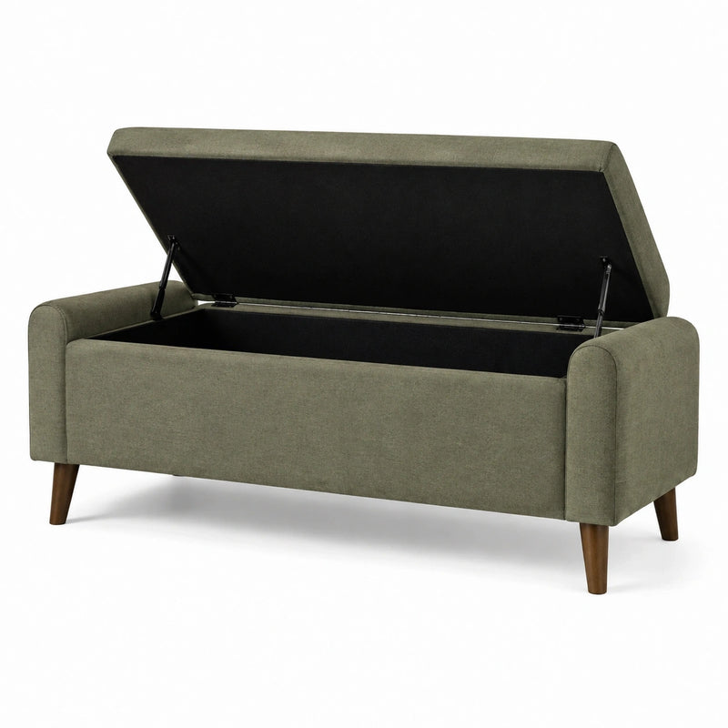Banquette coffre 120 cm en tissu vert avec rangement et pieds en bois