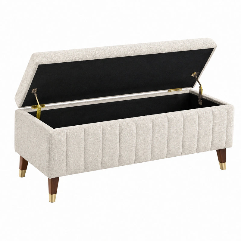 Banc coffre 120 x 45 x 48 cm en tissu bouclette beige avec rangement capitonné