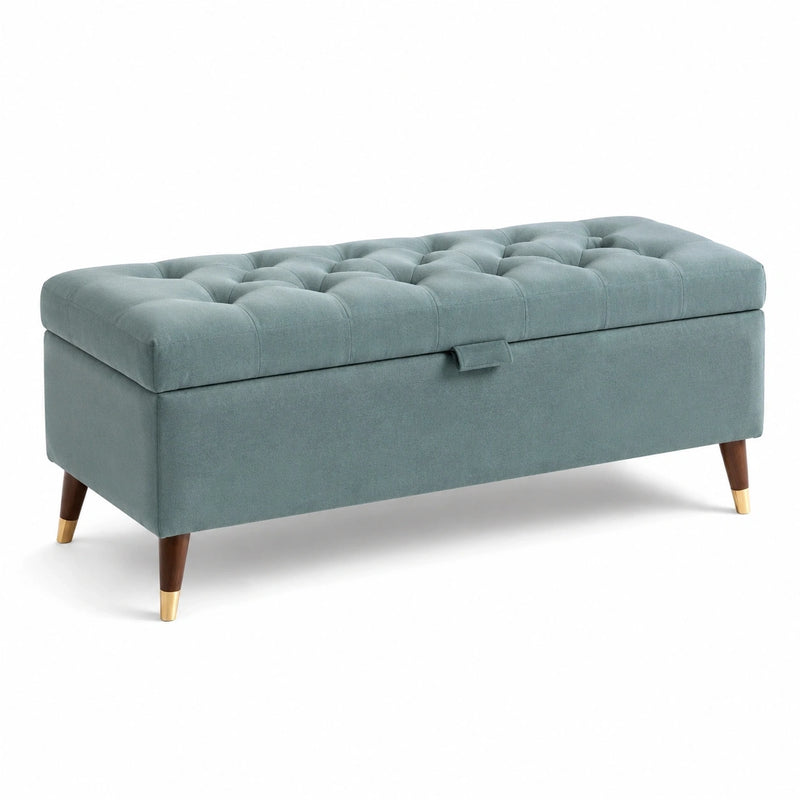 Banc coffre 120 x 45 x 48 cm en tissu bleu gris style capitonné avec rangement