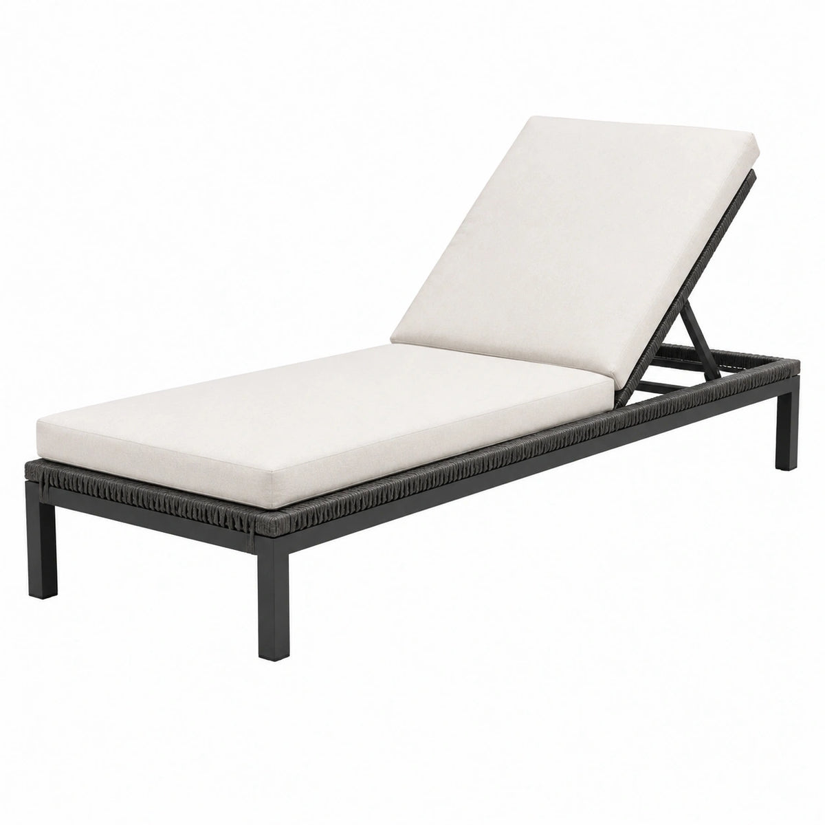 Bain de soleil 200 x 70 cm en métal noir et corde tressée avec coussins beige dossier réglable extérieur