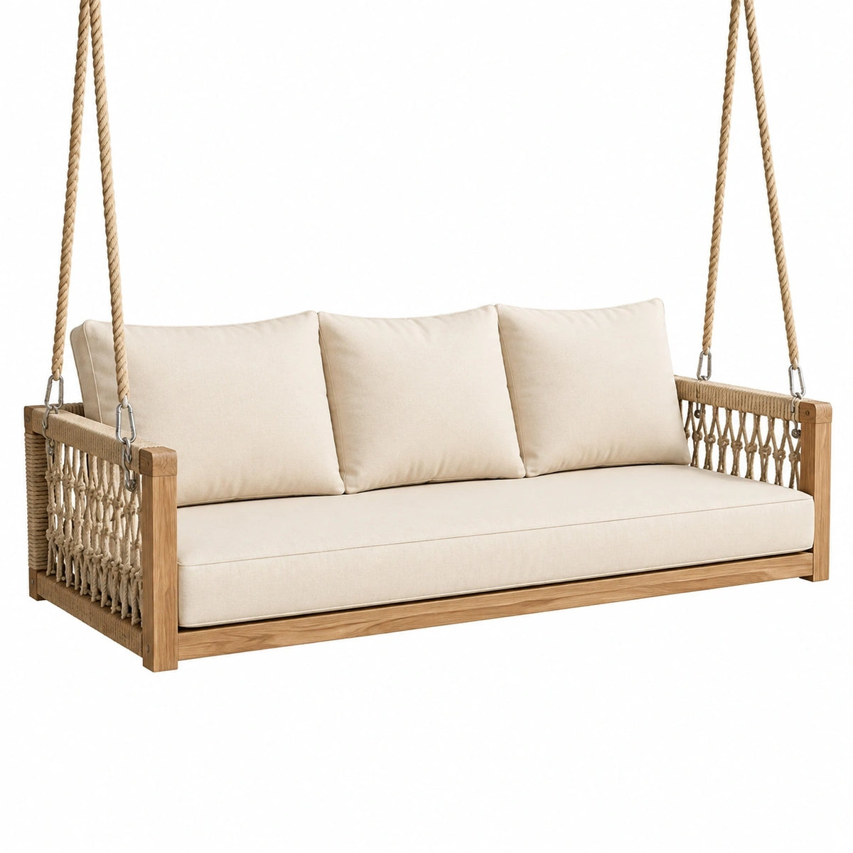 Balancelle canapé suspendue 180 cm en bois et corde beige naturel pour extérieur