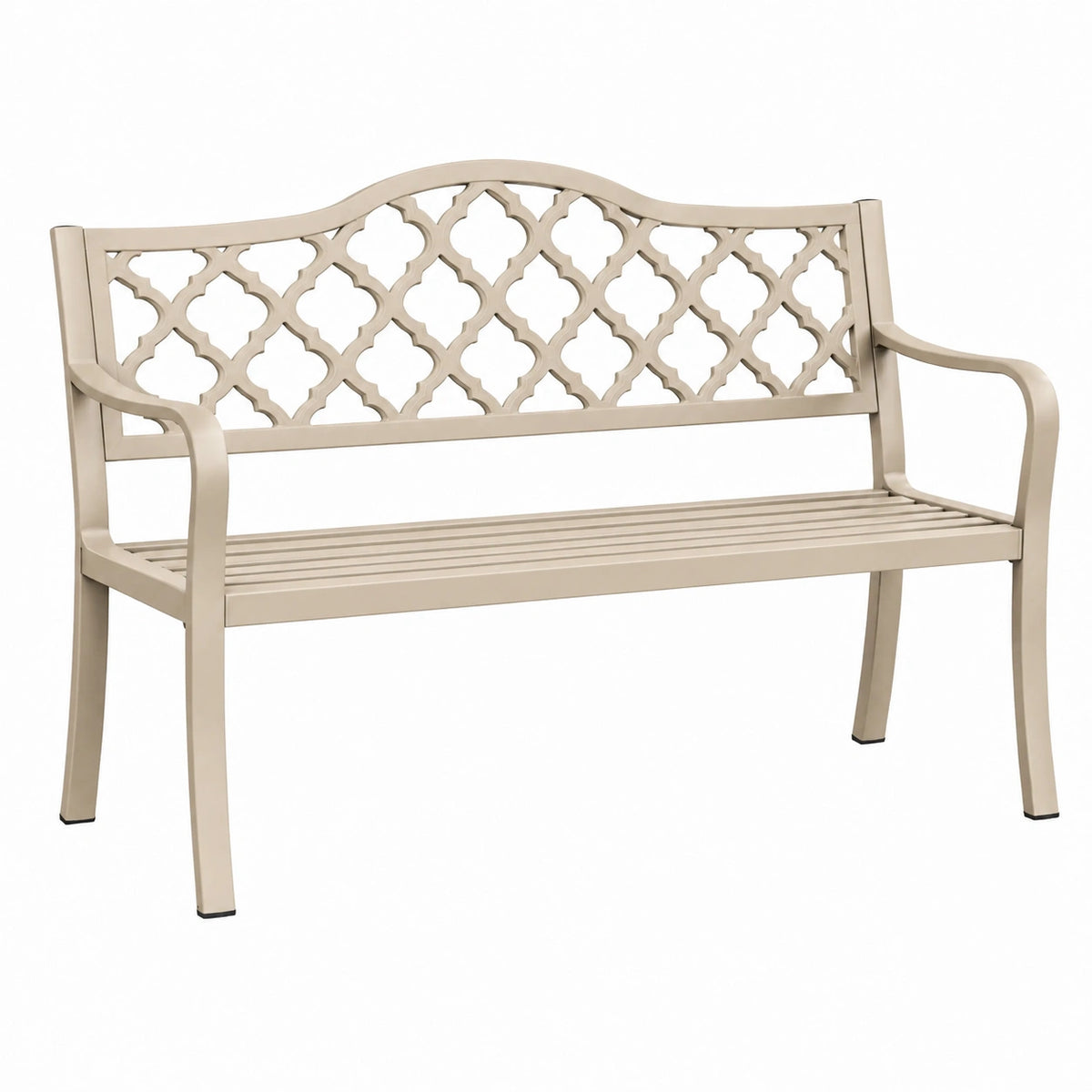 Banc de jardin 120 x 60 x 88 cm en métal beige à motif ajouré avec accoudoirs
