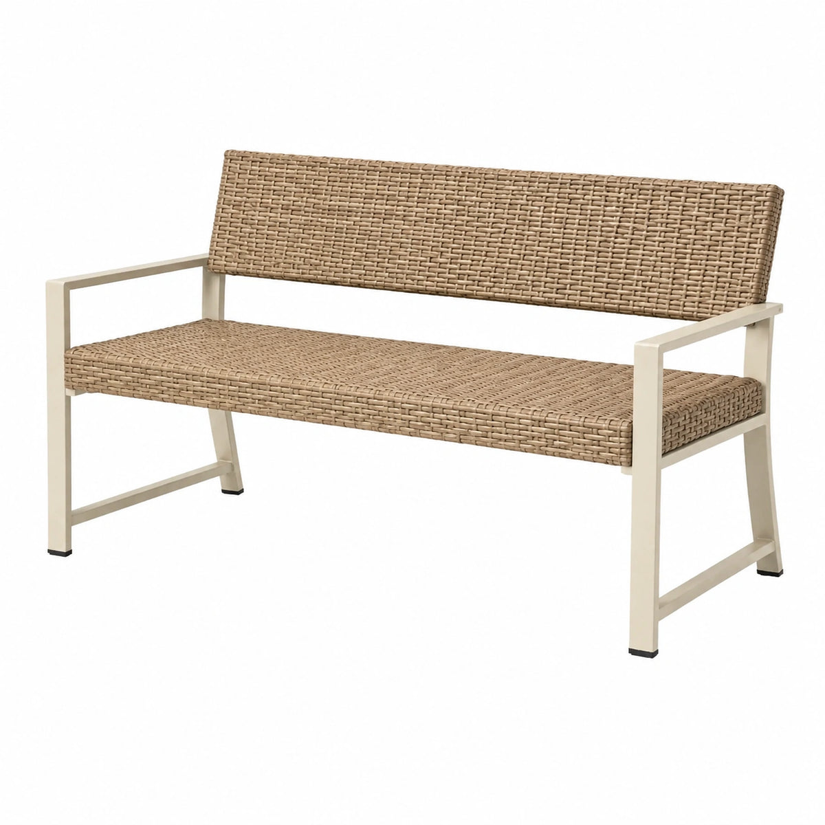 Banc de jardin 150 x 60 x 85 cm en rotin synthétique beige avec structure métallique style contemporain