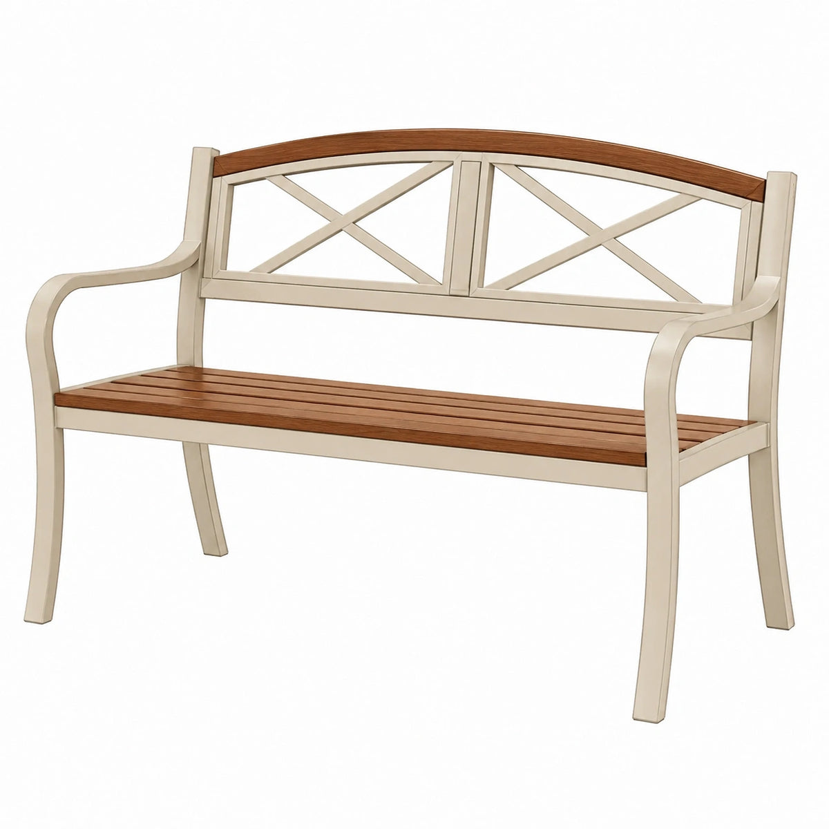 Banc de jardin 122 cm en métal et bois marron crème style classique