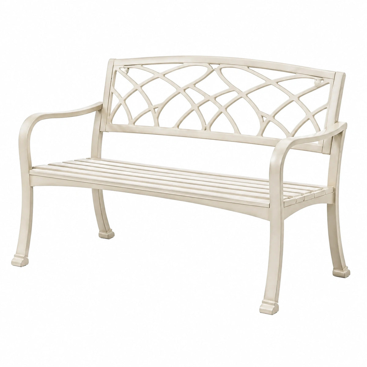 Banc de jardin 122 cm en métal crème avec accoudoirs style classique