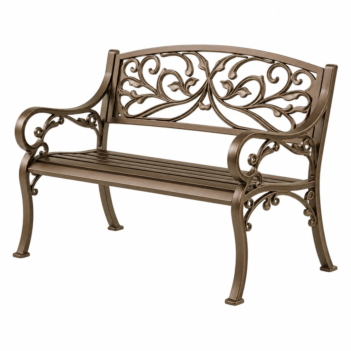 Banc de jardin 122 x 62 x 90 cm en métal bronze à dossier ajouré classique