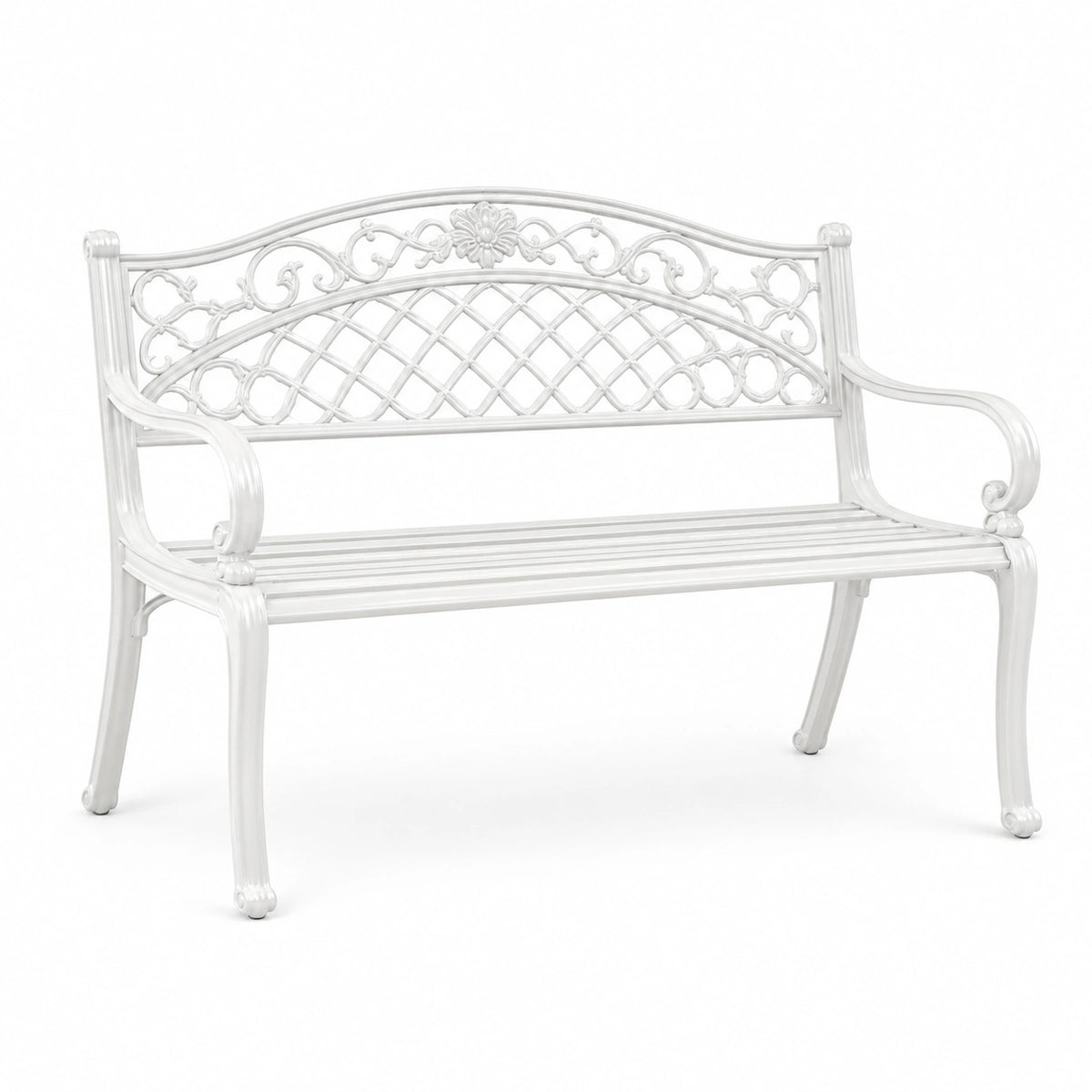 Banc de jardin 125 x 60 x 95 cm en métal blanc décor floral style romantique