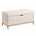 Banc coffre 100 x 40 x 48 cm en tissu écru avec piètement bois rangement style contemporain