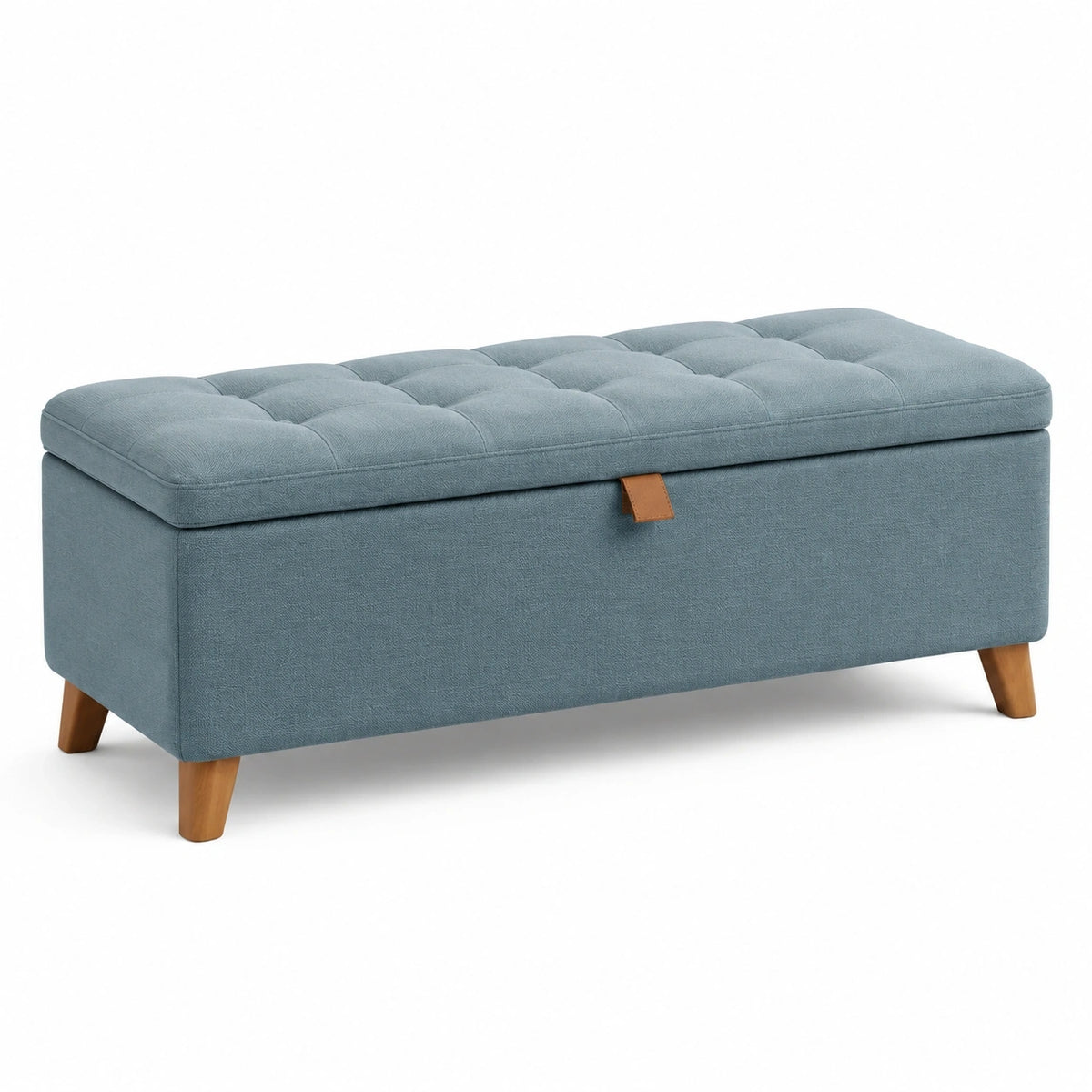 Banc coffre de rangement 100 x 40 x 45 cm en tissu bleu avec assise capitonnée style scandinave