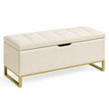 Banc coffre de rangement 100 x 40 x 45 cm en tissu bouclette crème avec piètement doré