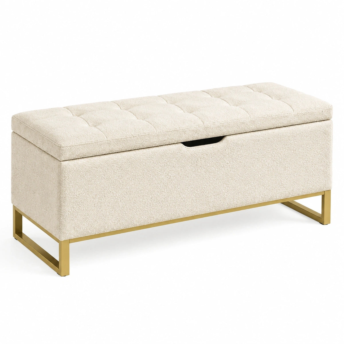 Banc coffre de rangement 100 x 40 x 45 cm en tissu bouclette crème avec piètement doré