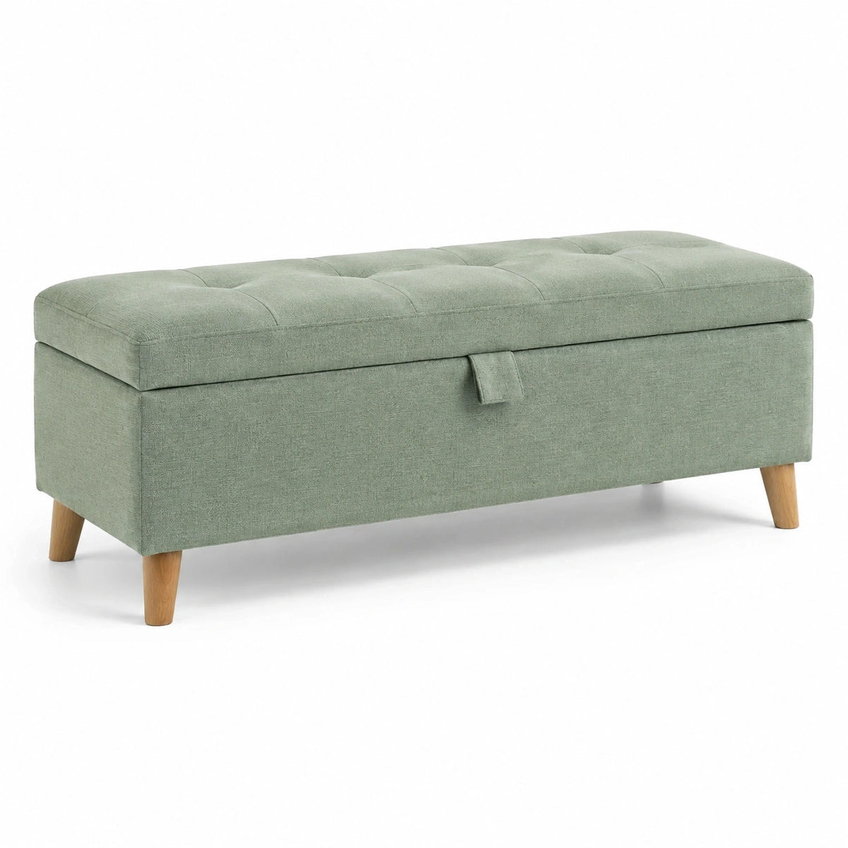 Banc coffre 100 x 40 x 45 cm en tissu vert avec pieds en bois style scandinave