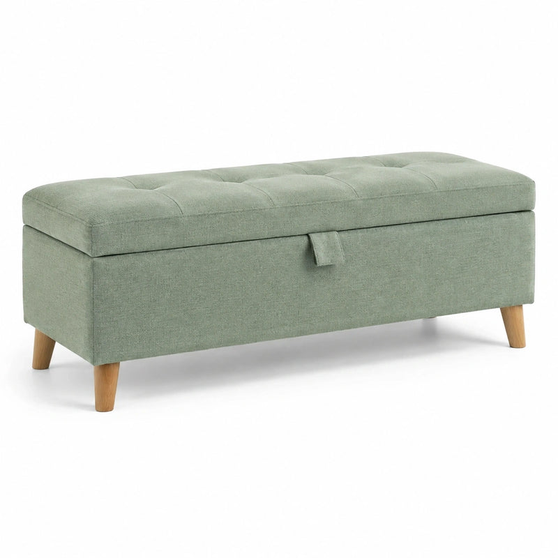 Banc coffre 100 x 40 x 45 cm en tissu vert avec pieds en bois style scandinave