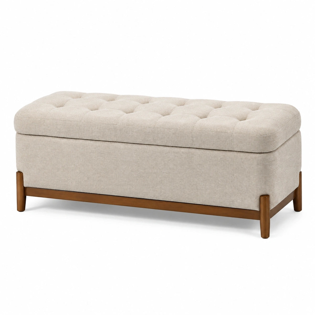 Banc coffre 120 x 45 x 48 cm en tissu beige avec piètement en bois style capitonné